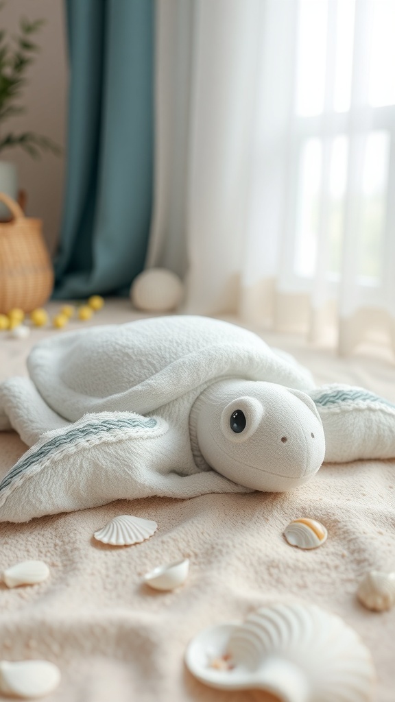 A folded towel shaped like a turtle, surrounded by seashells.