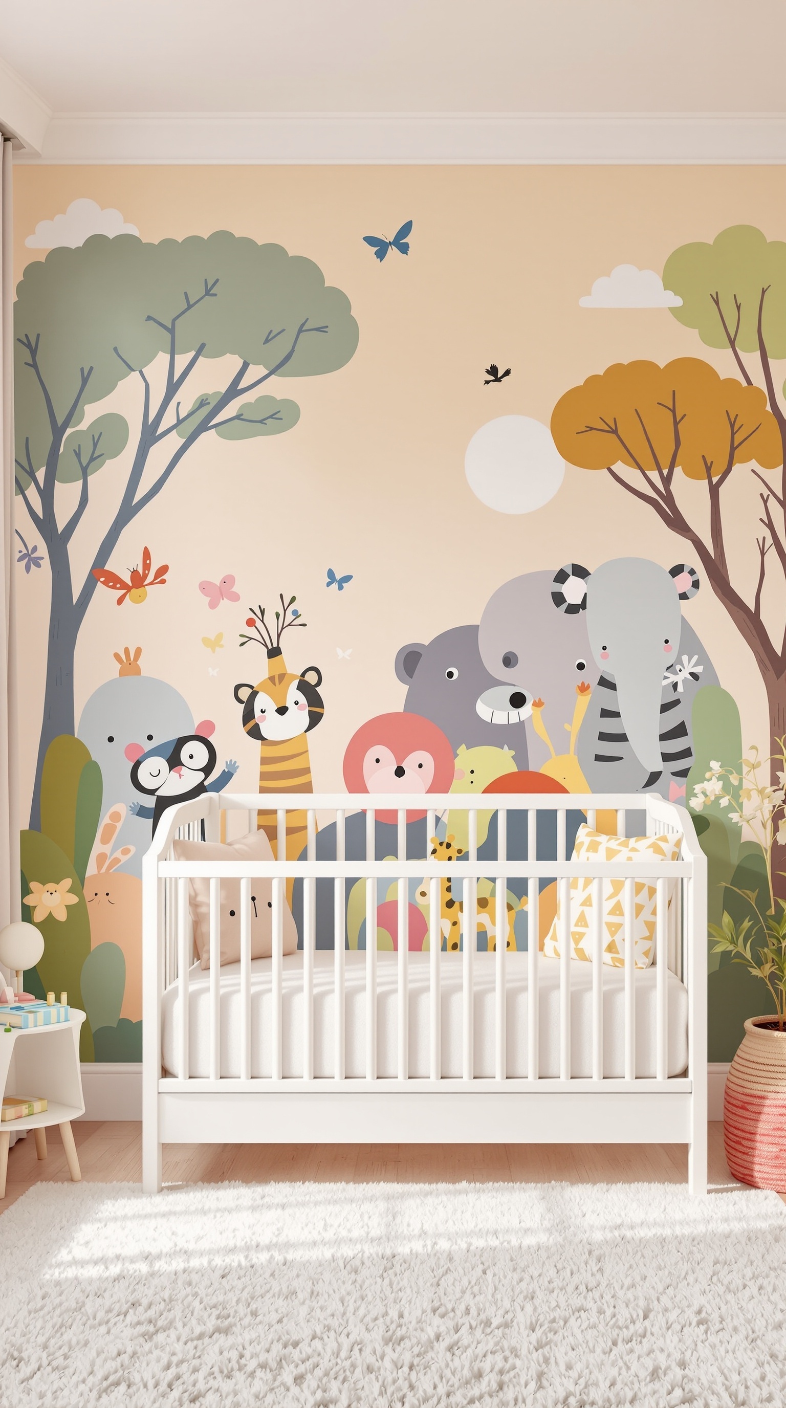 A colorful wall mural in a baby room featuring cute animals like a bear, elephant, and tiger in a forest setting.