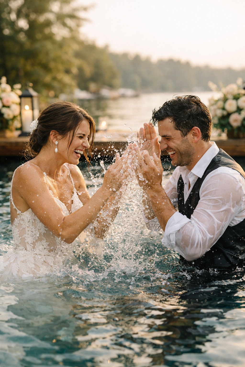 A couple joyfully splashing water during their summer engagement photo shoot.