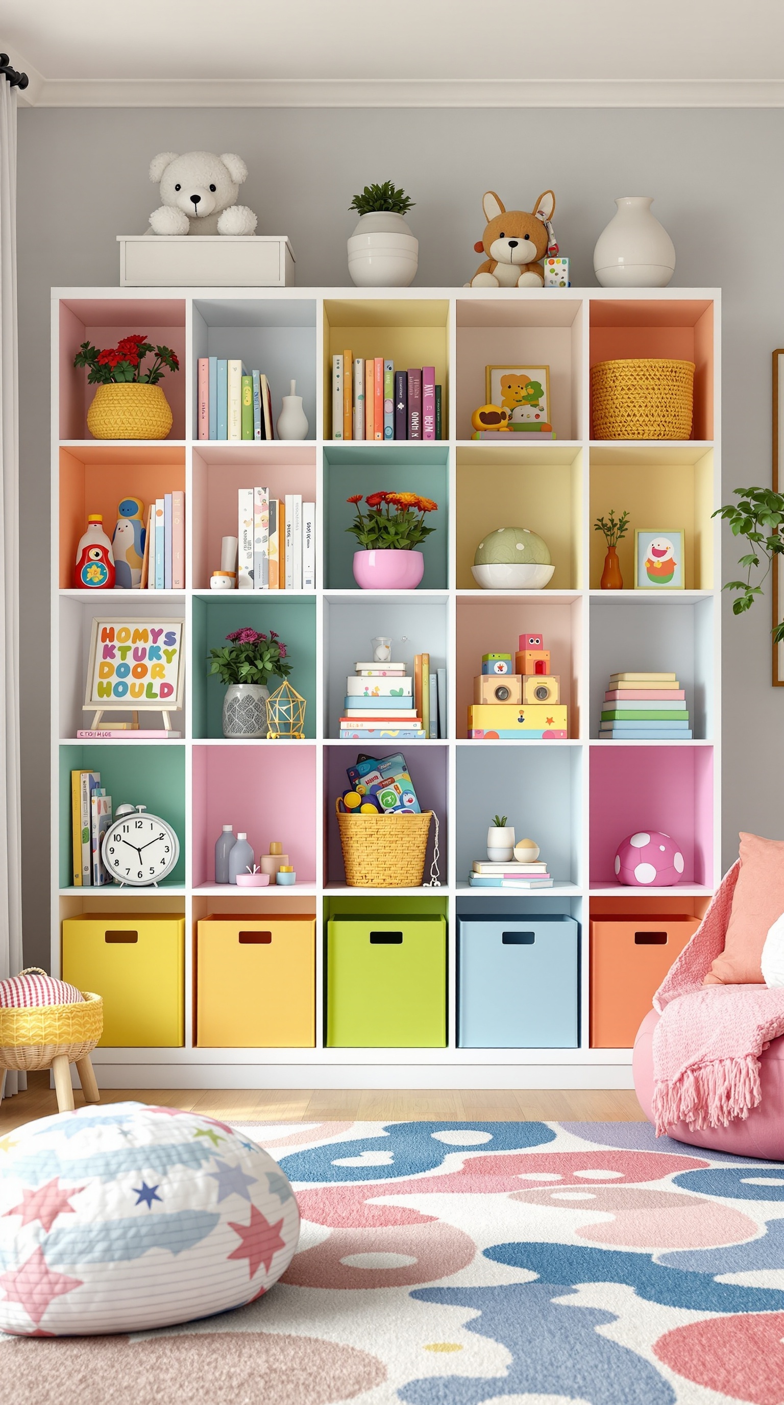 Colorful cubby storage system in a playroom with toys and books organized