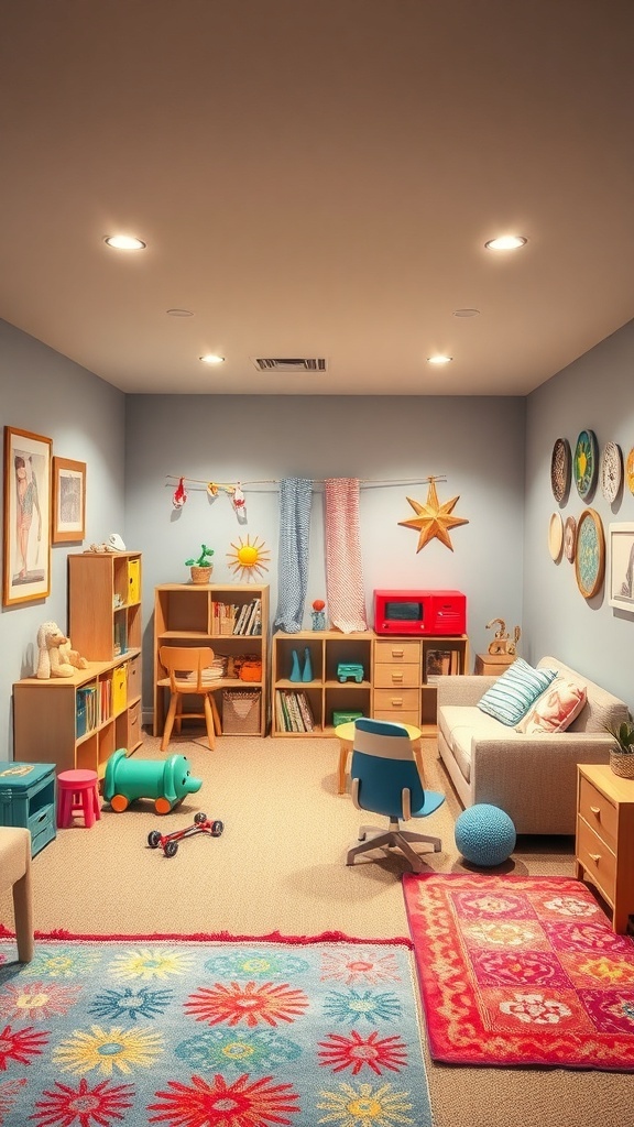 A colorful basement playroom with toys, books, and cheerful decor.