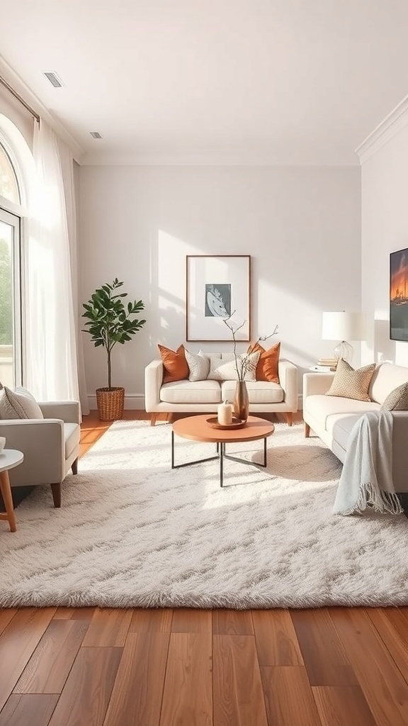 A cozy neutral living room featuring a plush area rug, light-colored furniture, and warm wooden flooring.