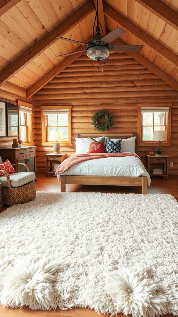 Cozy cabin bedroom with a plush area rug and wooden decor