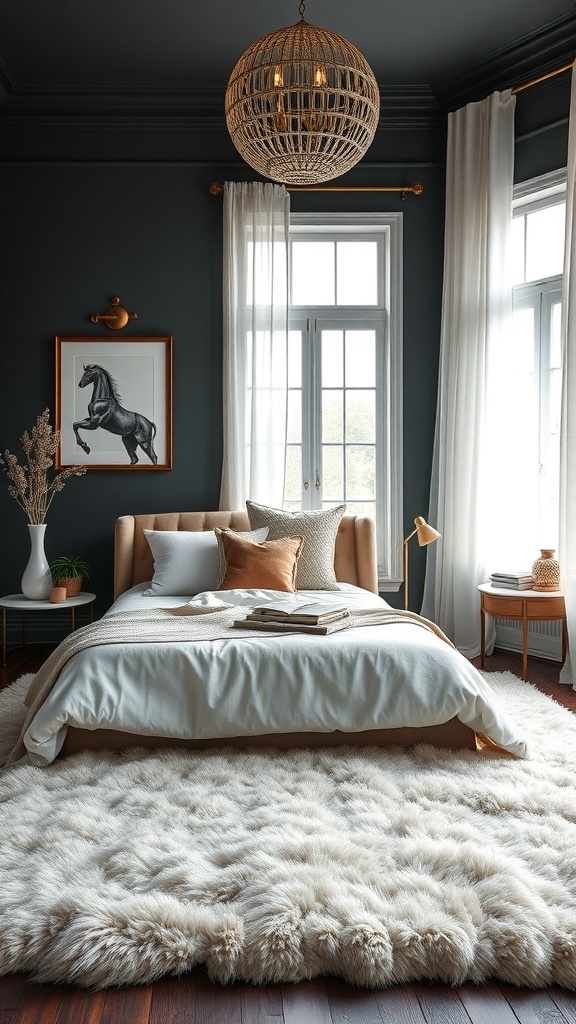 A dark feminine bedroom featuring a plush area rug, soft bedding, and elegant decor.