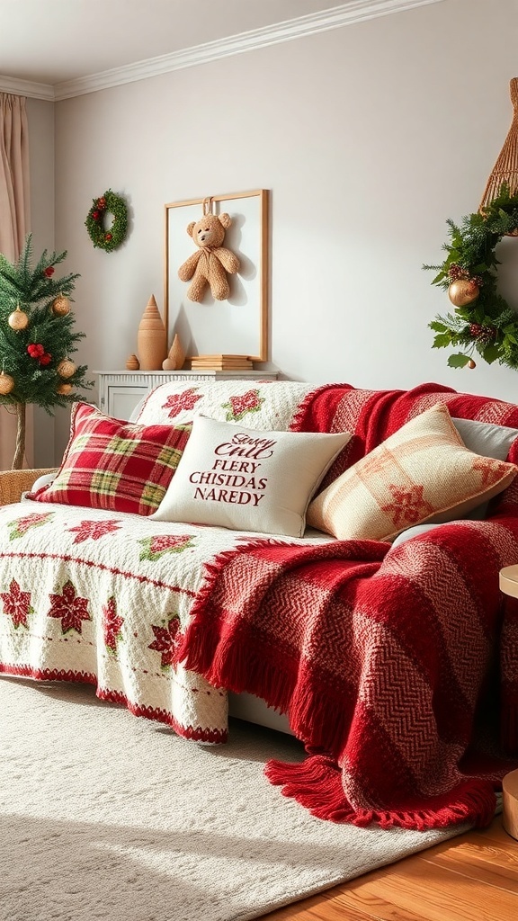 A cozy living room decorated for Christmas with plush textiles on a sofa, including a quilt, throw, and decorative pillows.