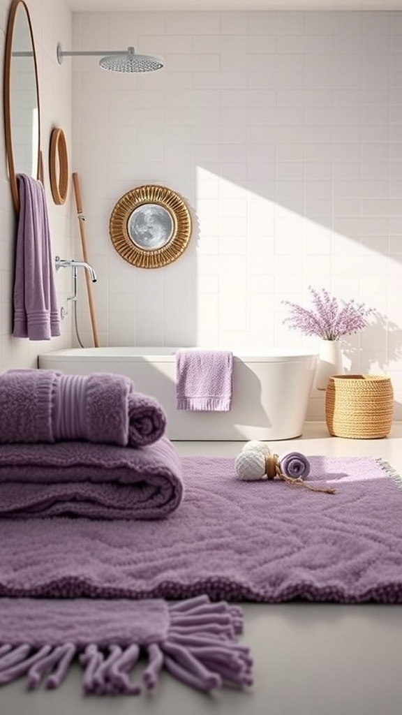 A stylish bathroom featuring plush purple towels and rugs, with a modern tub and decorative elements.