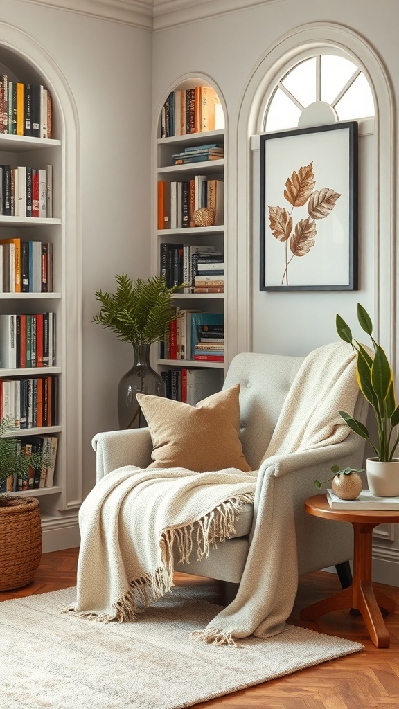Cozy reading nook with a plush armchair, blanket, and bookshelves
