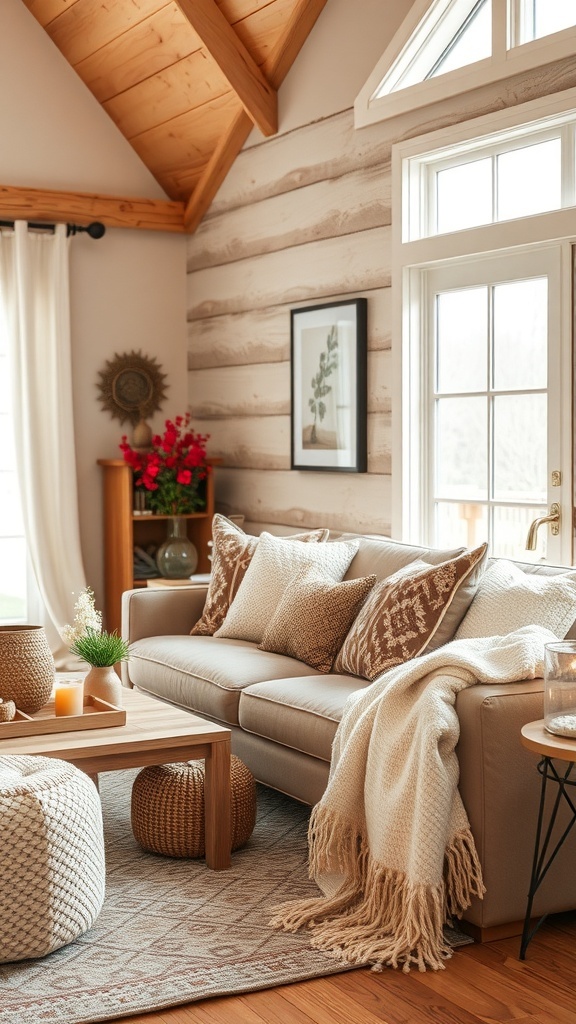 Cozy cabin living room with plush textiles and throws on the sofa.