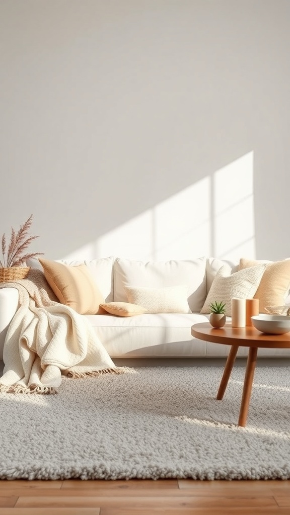 A cozy living room with a white couch, soft pillows, a throw blanket, and a plush rug.