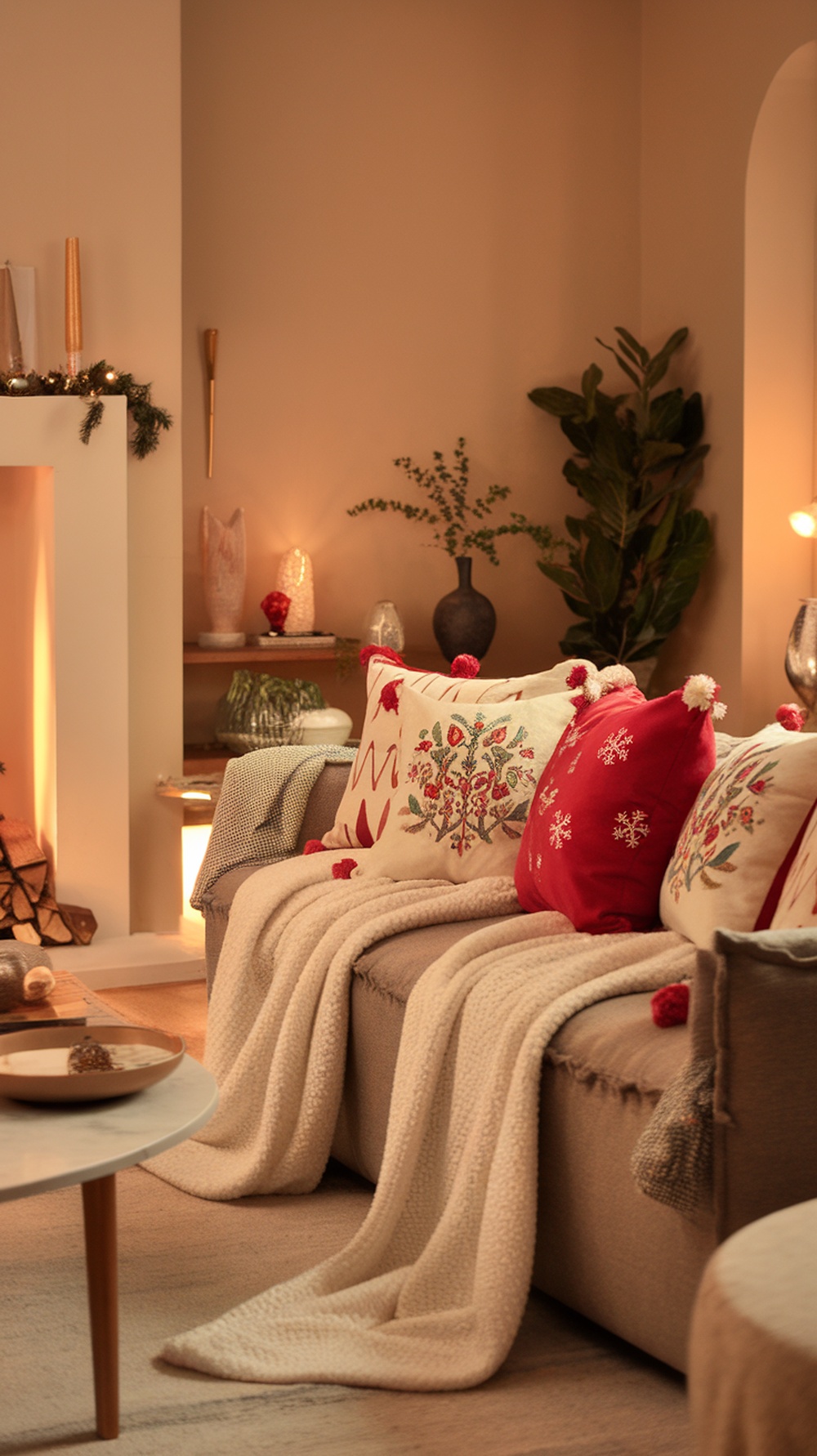 A cozy living room with plush throw blankets and decorative pillows on a sofa, creating a warm holiday atmosphere.
