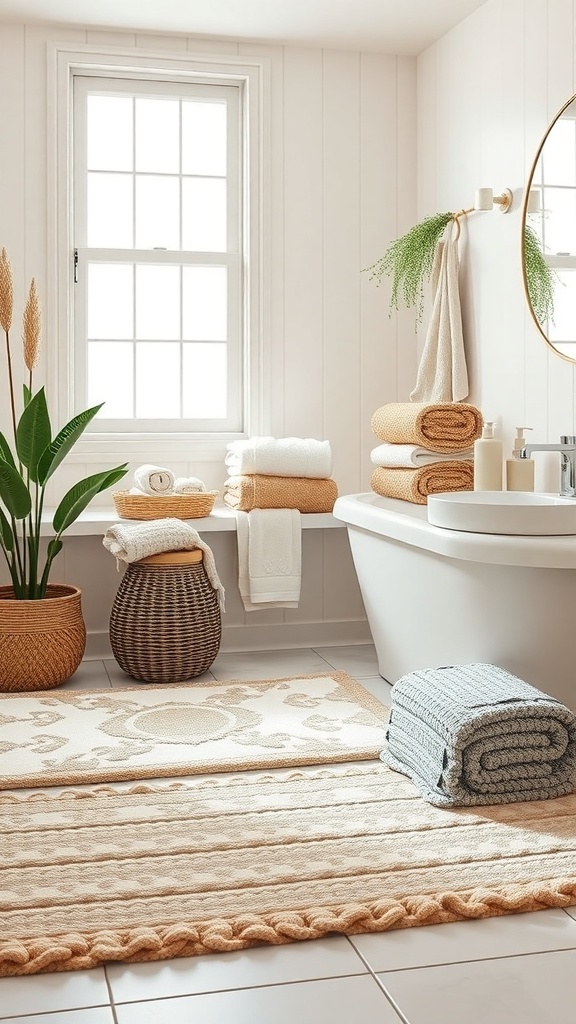 A cozy bathroom featuring plush towels stacked on a shelf and soft bath mats on the floor.