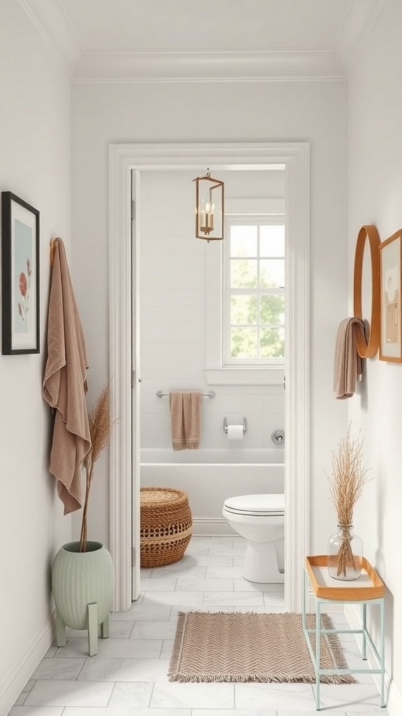 A beautifully designed hallway leading to a compact bathroom featuring a pocket door, showcasing space efficiency.