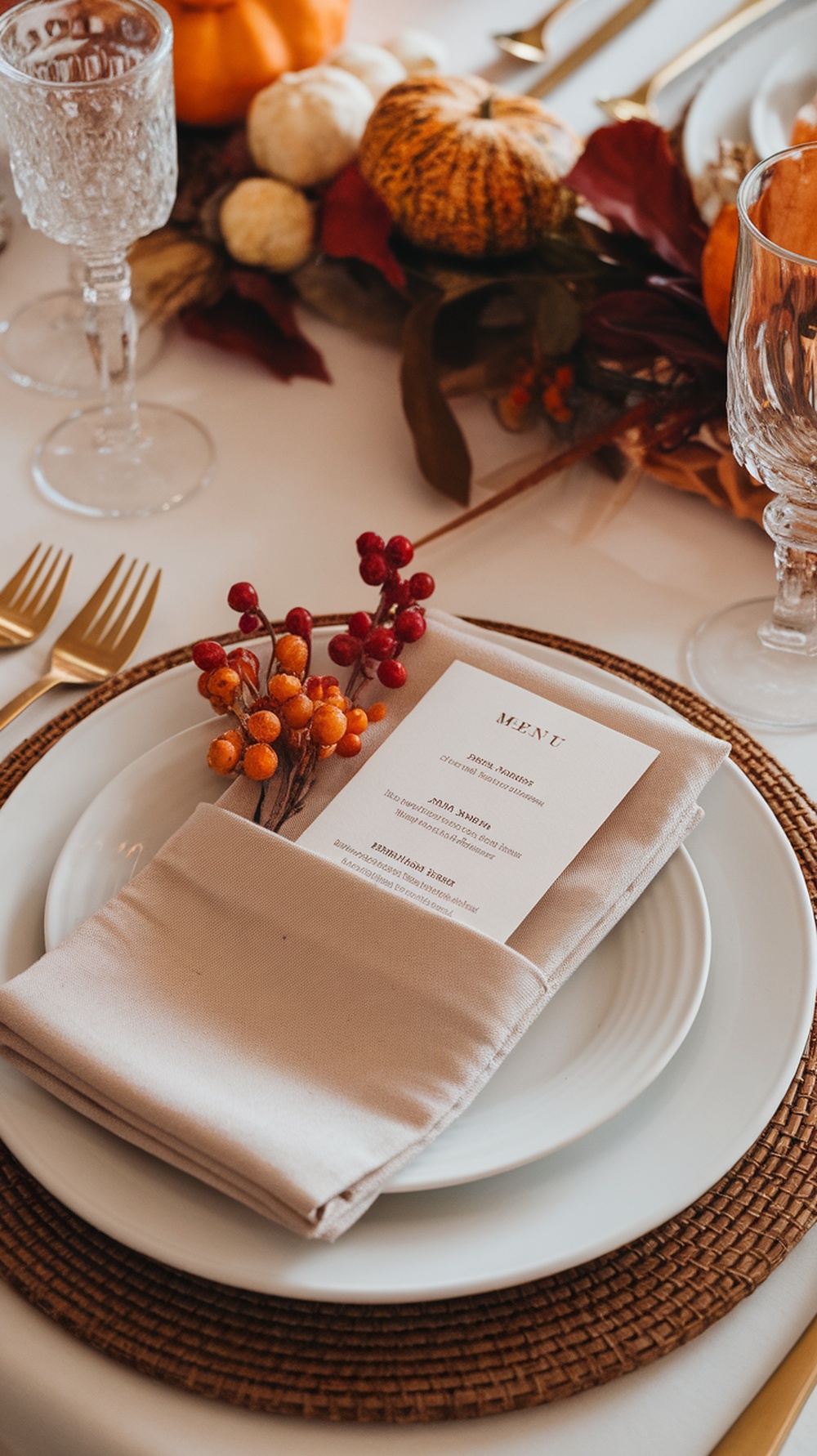 A beautifully set Thanksgiving table featuring a pocket napkin fold with a menu card and decorative berries.