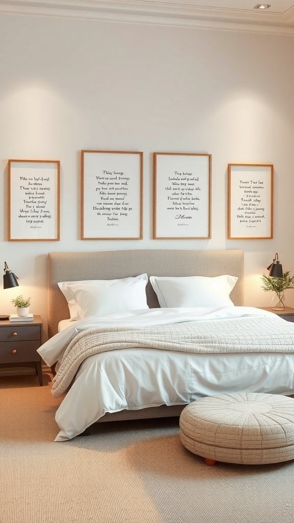 A cozy bedroom with a bed and framed poetic quotes on the wall.