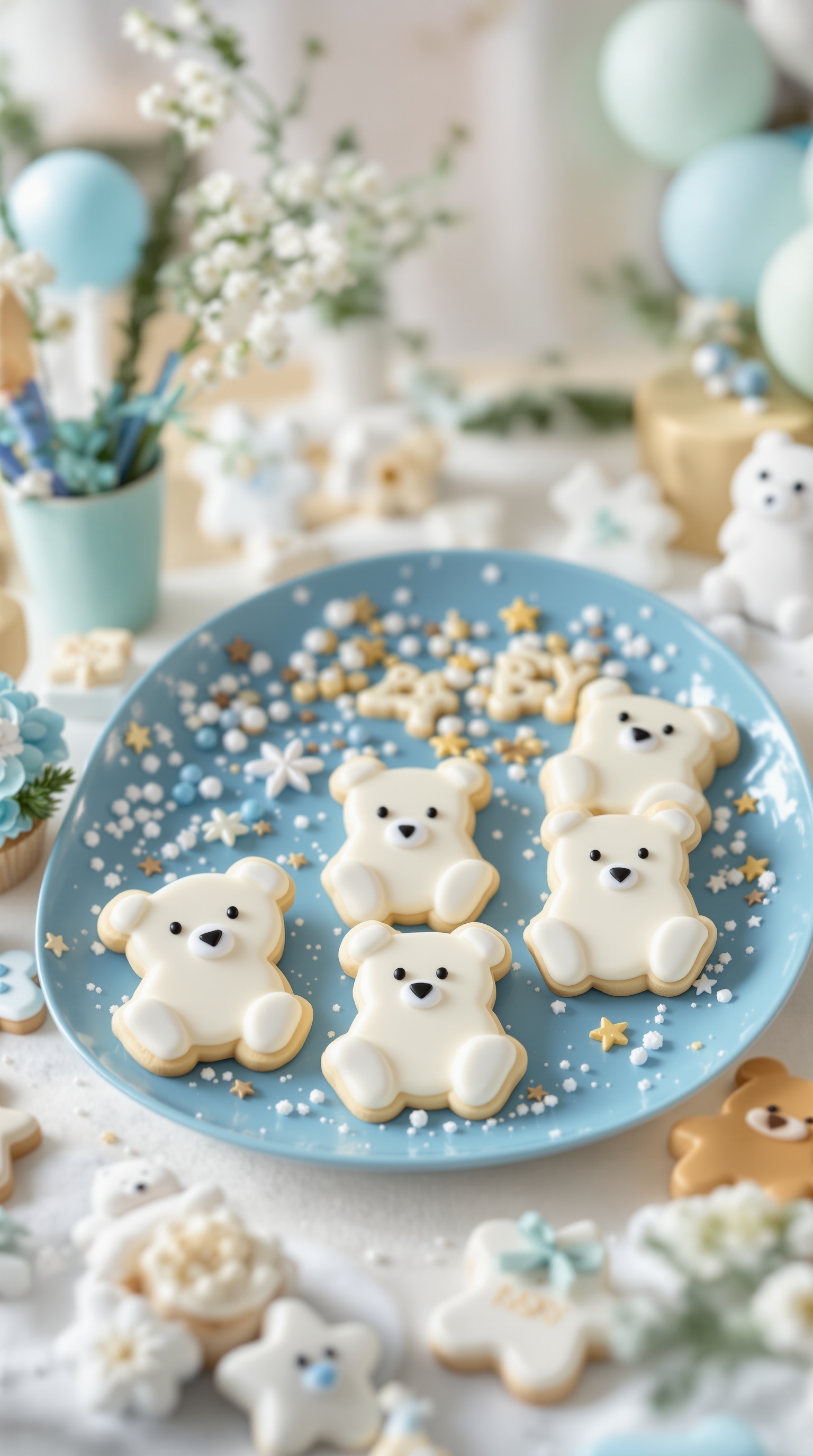 Plate of polar bear shortbread cookies decorated with icing and sprinkles, surrounded by winter-themed decorations.