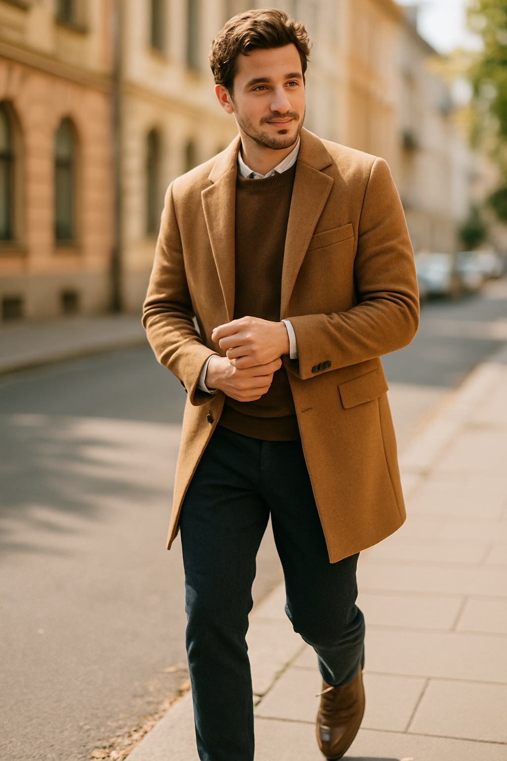 A man walking on the street wearing a brown coat, sweater, and polished leather shoes.
