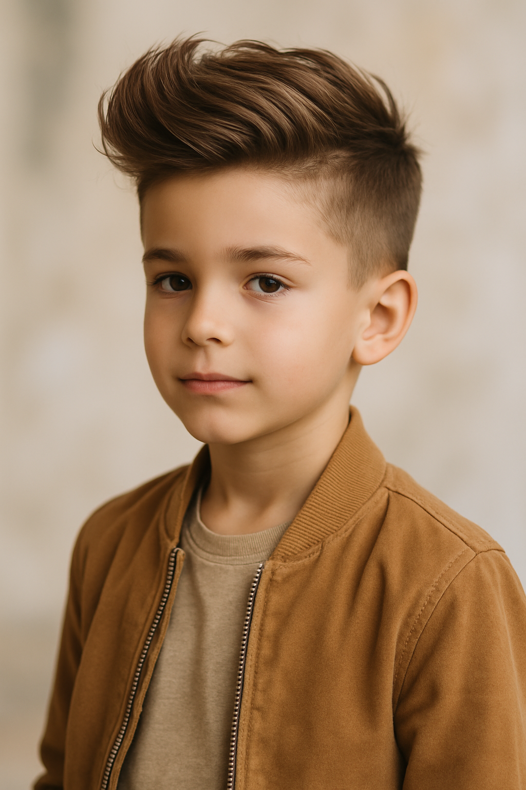 A young boy with a stylish pompadour hairstyle, wearing a brown jacket.