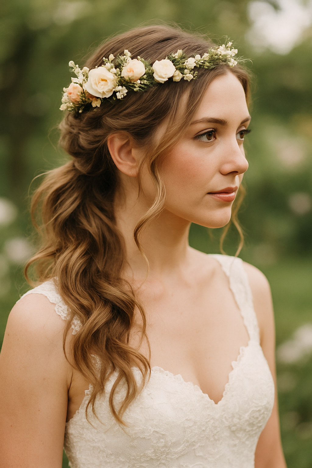 A bride with a ponytail hairstyle adorned with a floral crown and loose strands.