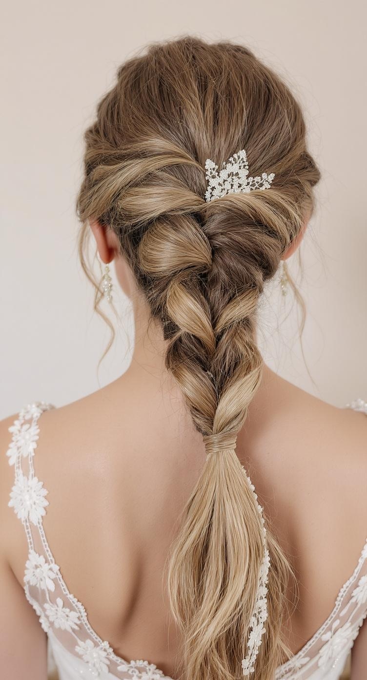 A hairstyle featuring a ponytail with an intricate lace braid, adorned with a delicate hair accessory.