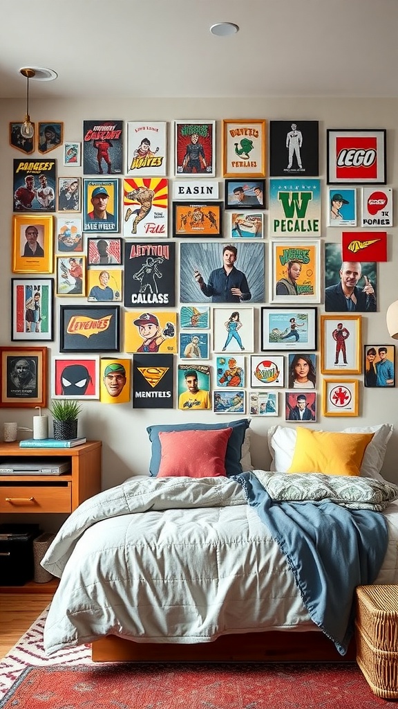 A dorm room wall decorated with various pop culture art pieces featuring superheroes, movie characters, and famous personalities.