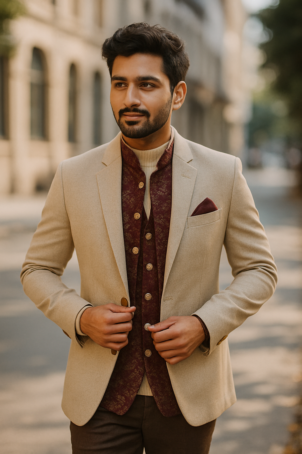 A man wearing a light beige blazer over a maroon kurta, standing confidently in an outdoor setting.