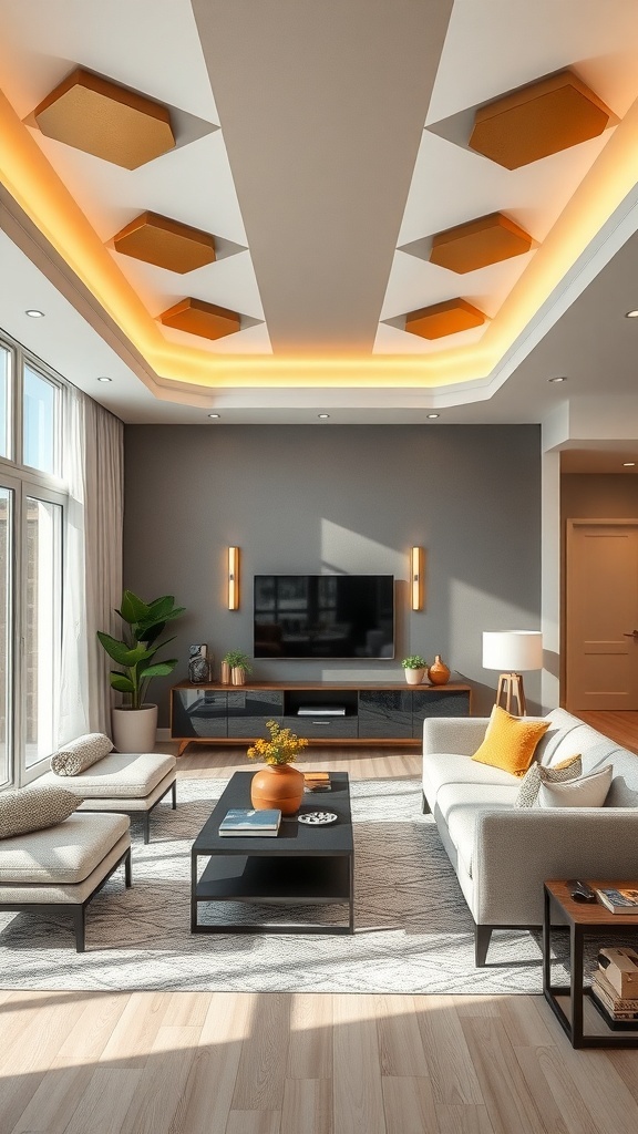 Modern living room with a stylish accent ceiling featuring geometric shapes and warm lighting.