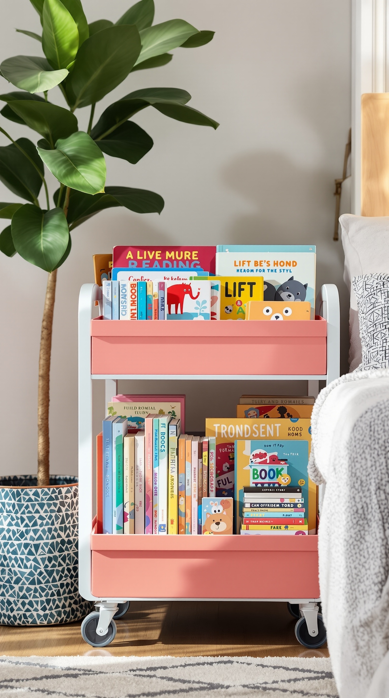 A portable book cart filled with colorful children's books next to a plant.
