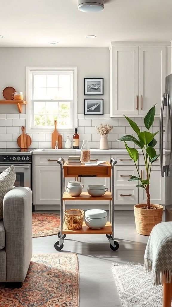 A portable kitchen cart with wooden shelves, holding dishes and decor, in a modern kitchen setting.