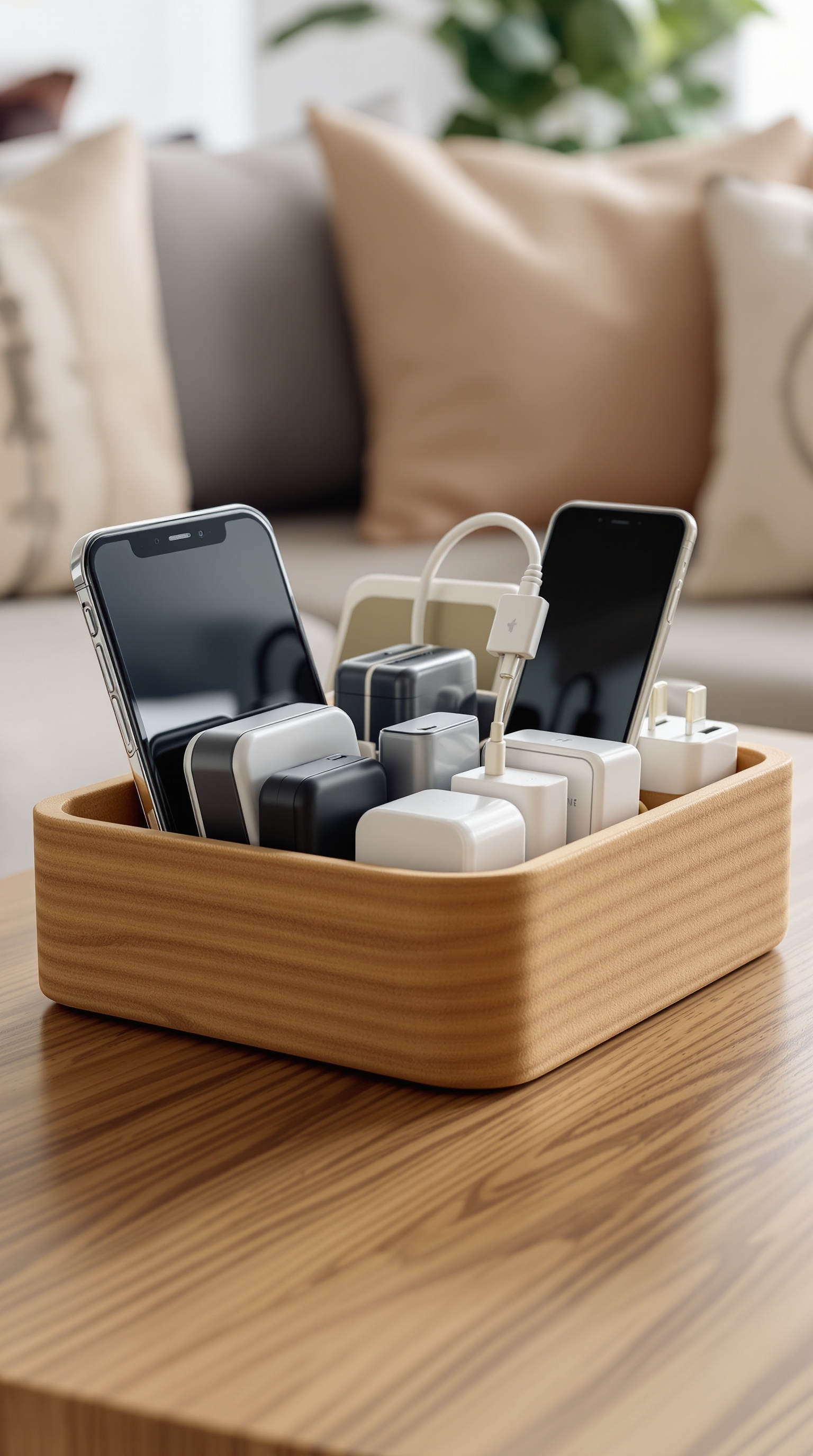 A portable charging caddy with multiple chargers and smartphones organized inside.
