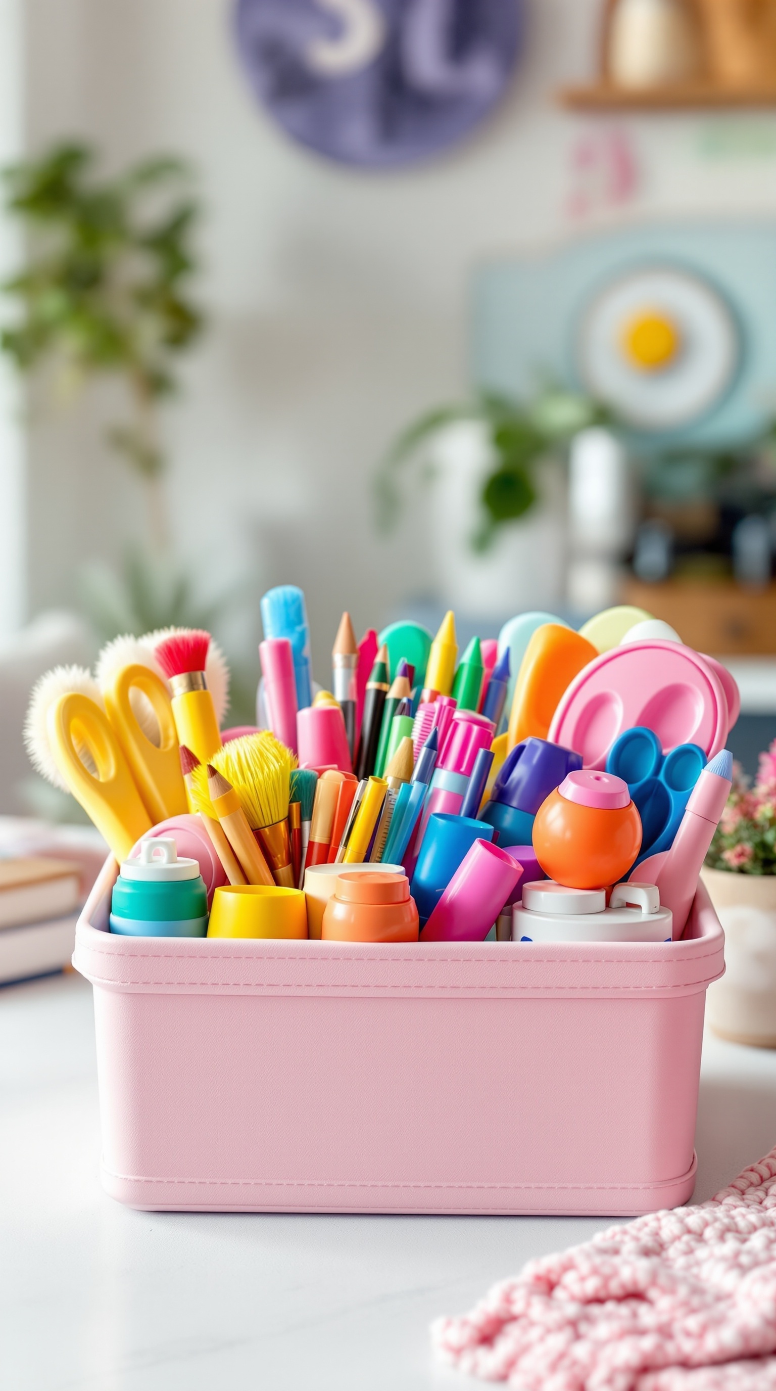 A pink portable craft caddy filled with colorful art supplies like markers, crayons, and glue.