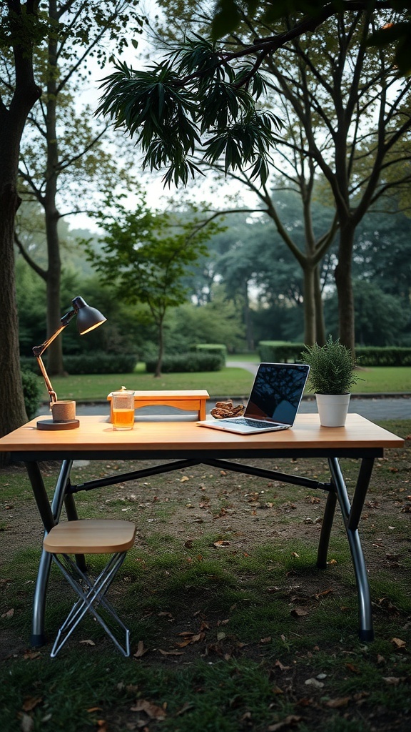 A portable desk setup outdoors with a laptop, lamp, plant, and drink.