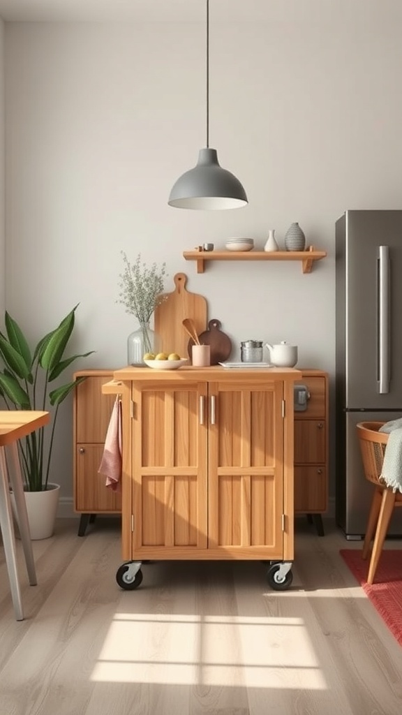 A wooden portable kitchen island on wheels with storage, surrounded by kitchen decor.