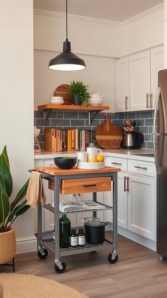 A portable kitchen cart with a wooden top, metal frame, and wheels, set in a modern kitchen.