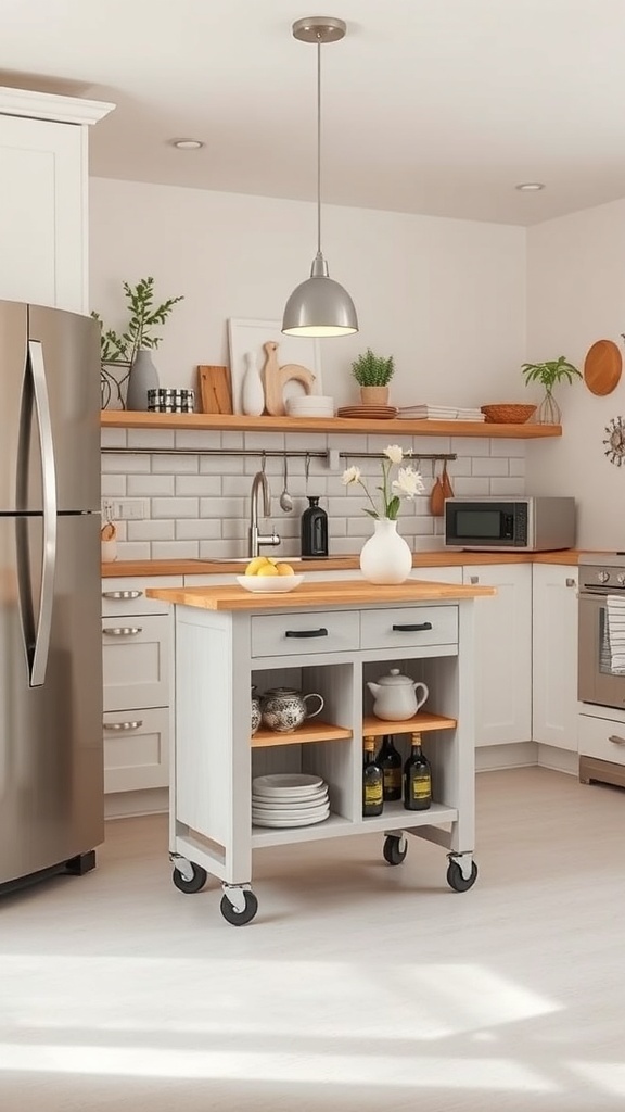 A portable kitchen island with a wooden top and open shelves in a modern kitchen.
