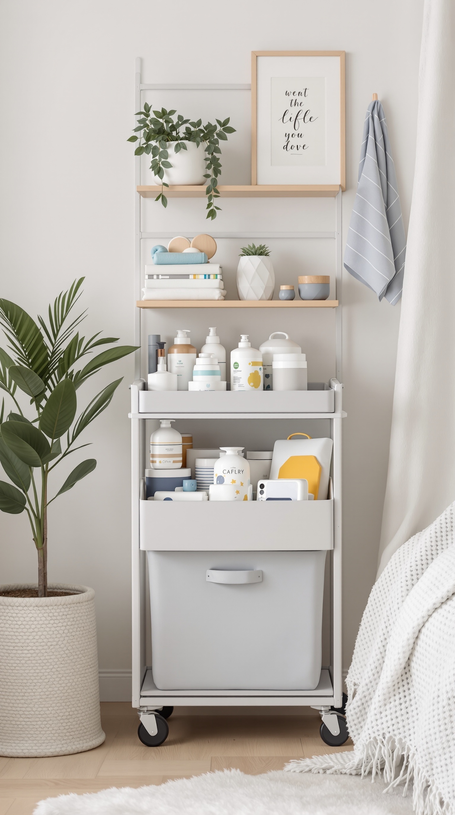 A stylish portable storage cart filled with baby items, showcasing organization and accessibility.