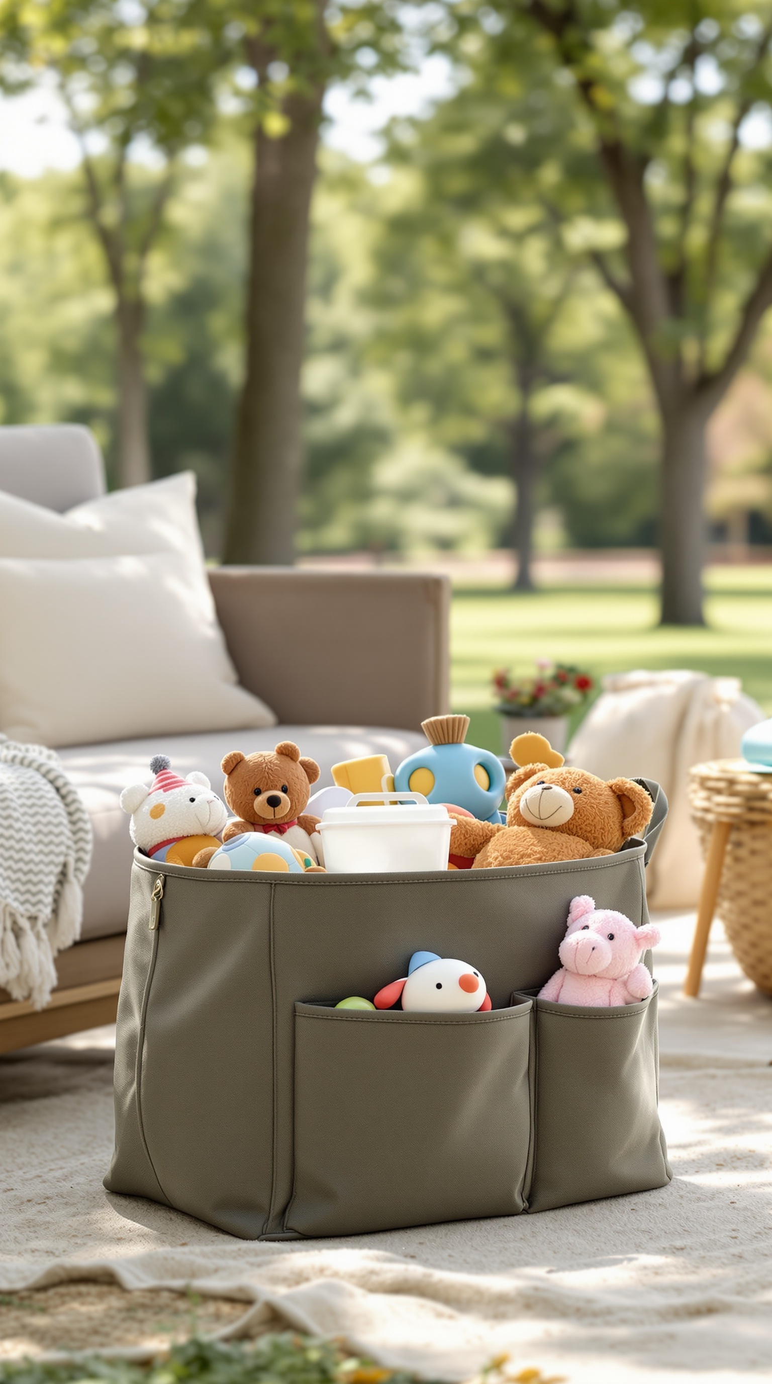A portable storage bin filled with toys, set in an outdoor environment