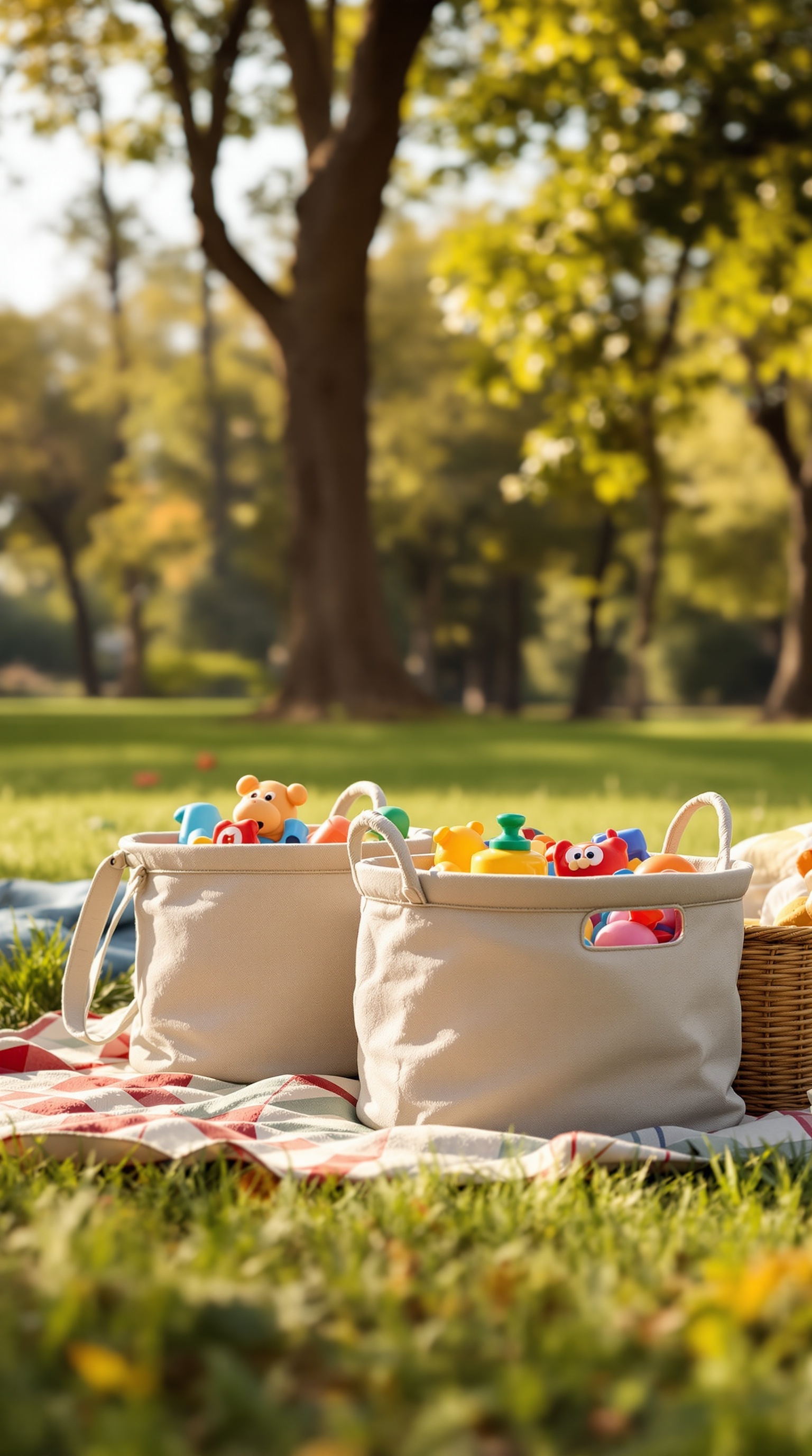 Two portable toy bins filled with colorful toys on a picnic blanket in a park.