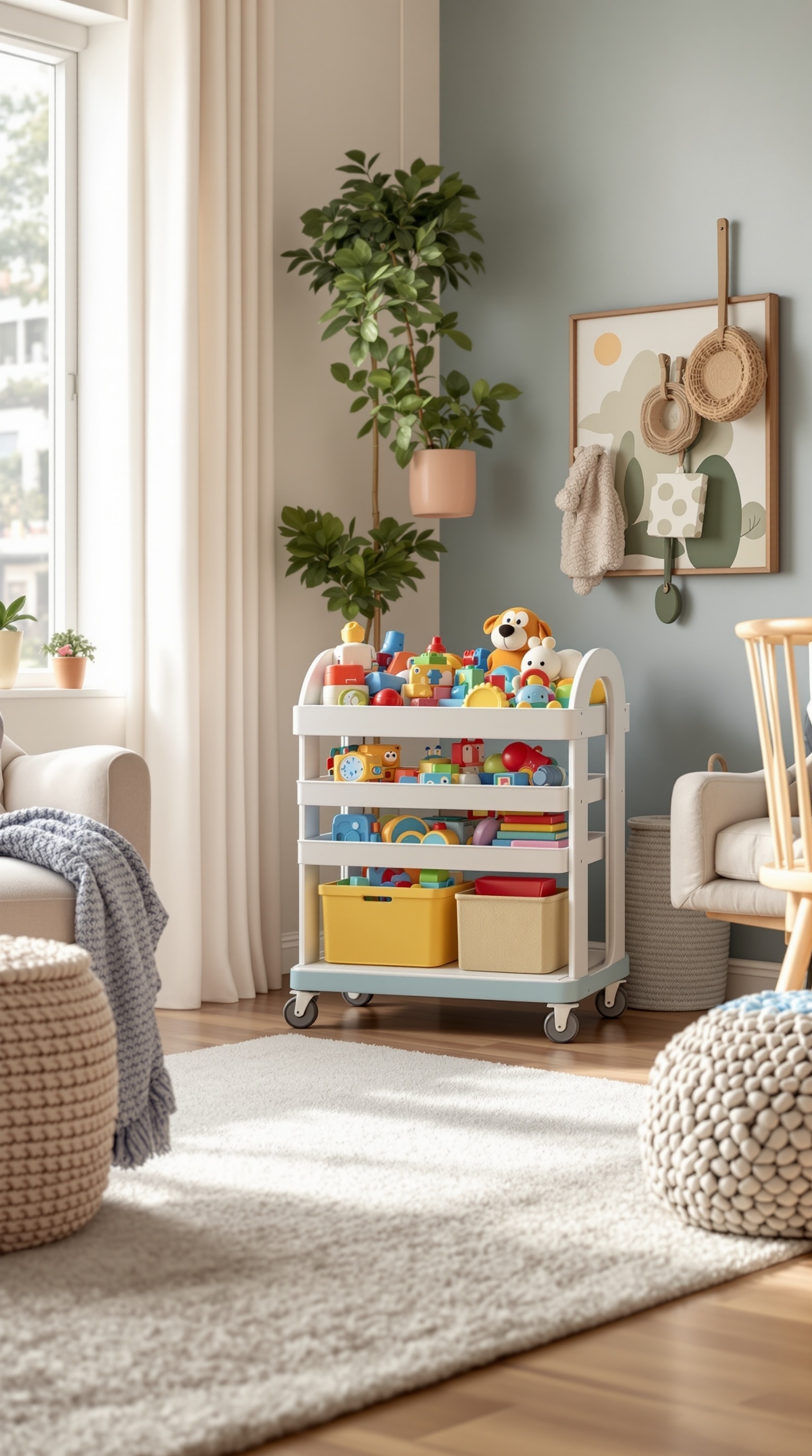 A colorful portable toy cart filled with various toys in a cozy living room setting.