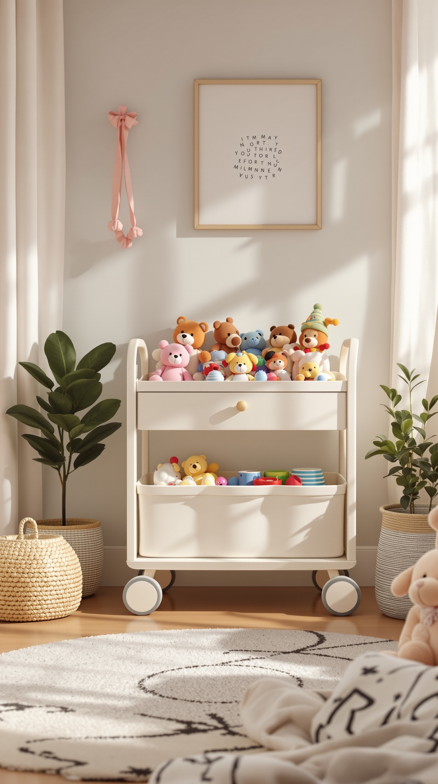 A portable toy cart filled with colorful plush toys in a bright, cozy room.