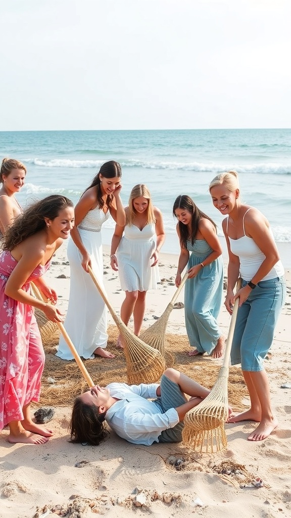 A group of women participating in a cheerful beach cleanup activity following a wedding.