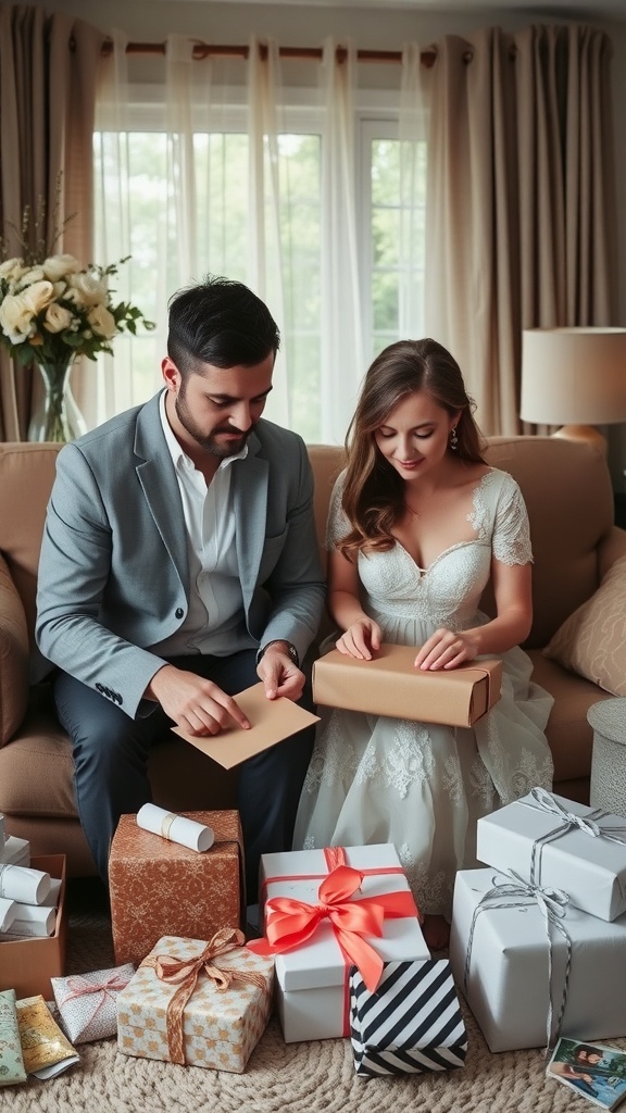 A couple sitting on a couch, opening wedding gifts and enjoying their time together.