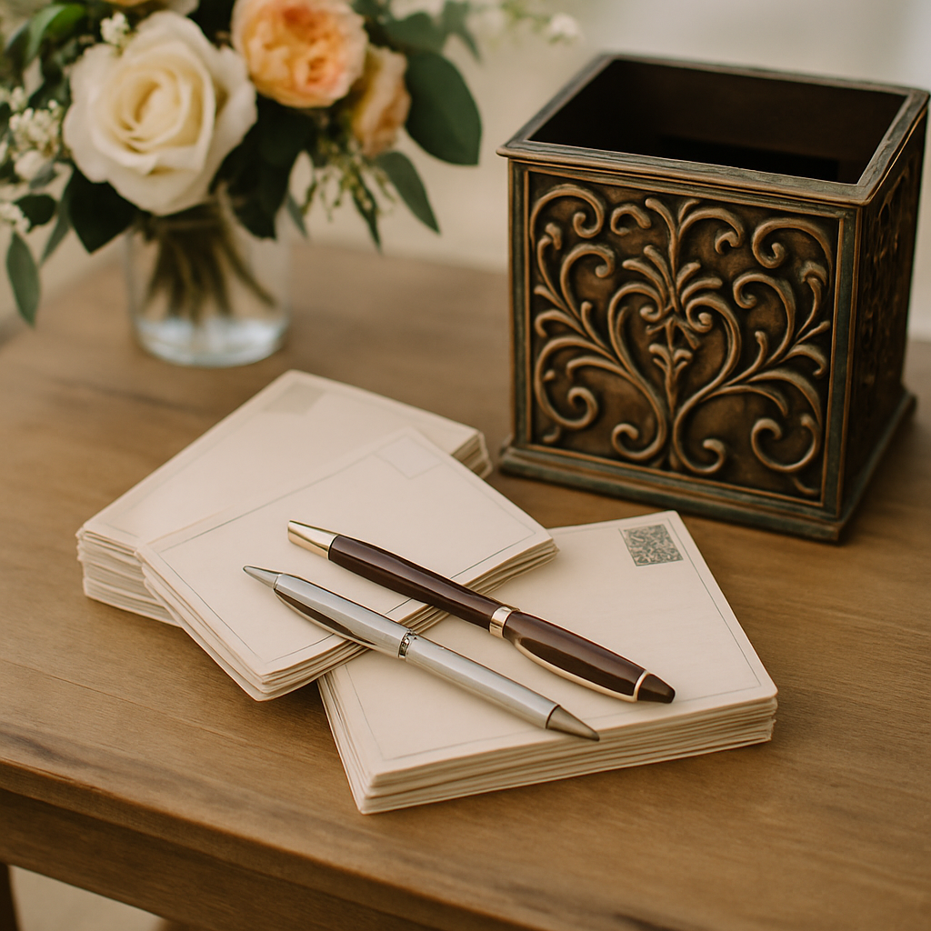 A collection of postcards and pens on a wooden table next to a decorative box and flowers.