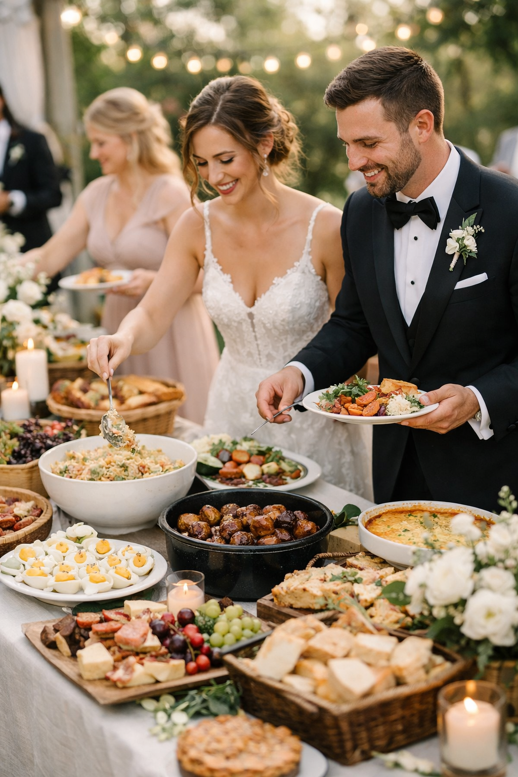 A joyful couple enjoying a potluck reception, serving dishes from a beautifully arranged buffet filled with various homemade foods.
