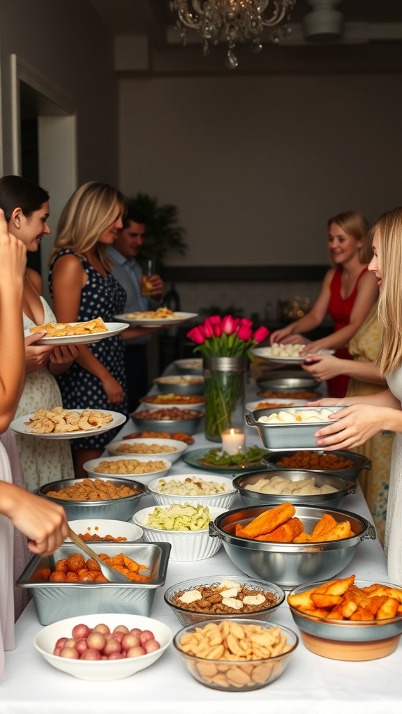 A table filled with a variety of delicious potluck dishes during a bridal shower.