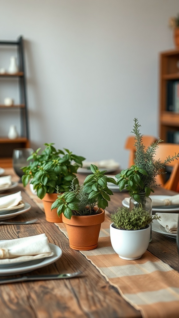 Table set with potted herbs as centerpieces, including basil and rosemary, on a rustic wooden table with plates and napkins.