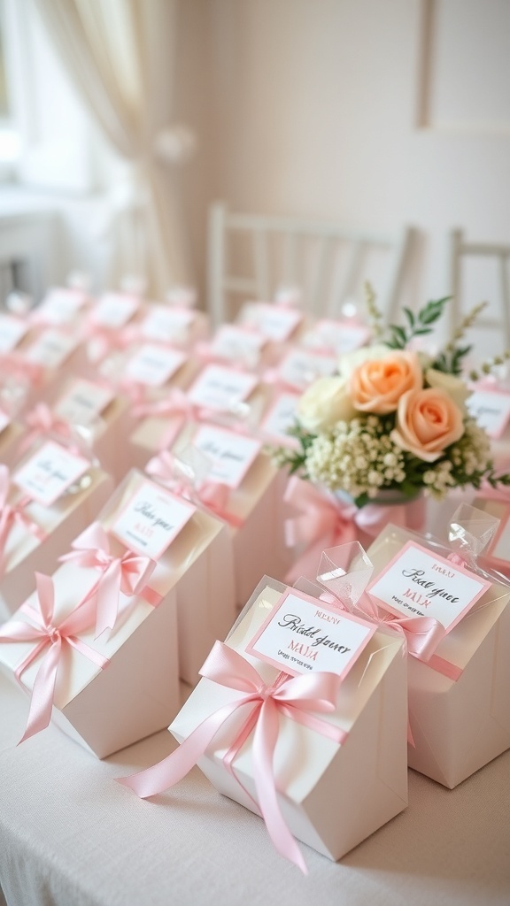 Elegant bridal shower favors neatly arranged with pink ribbons and personalized tags.