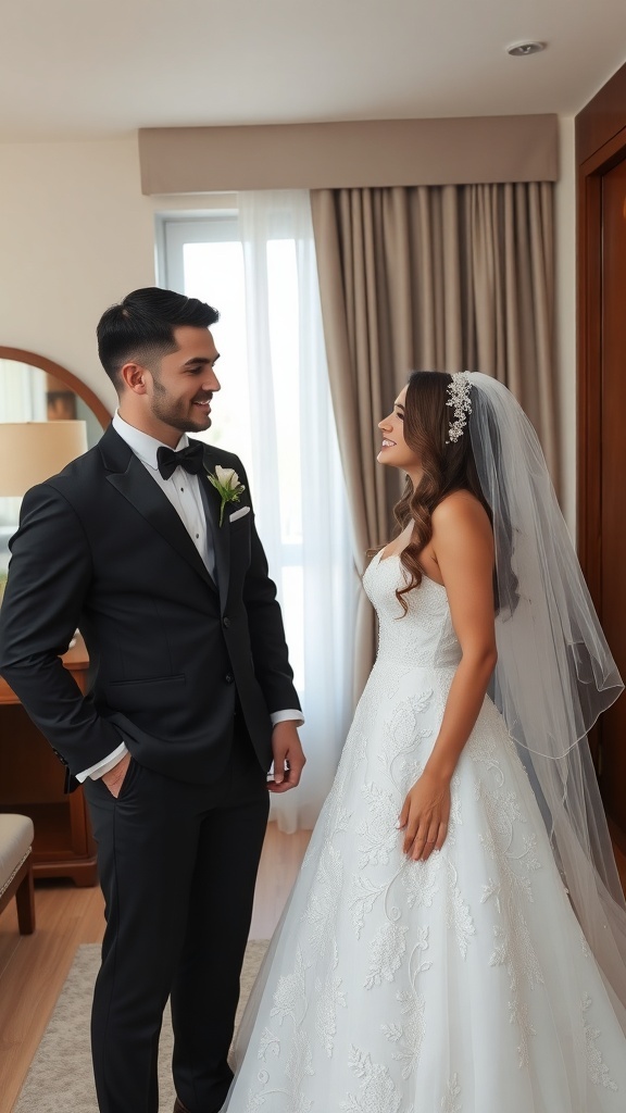 A couple smiling at each other before their wedding, showcasing joy and excitement.