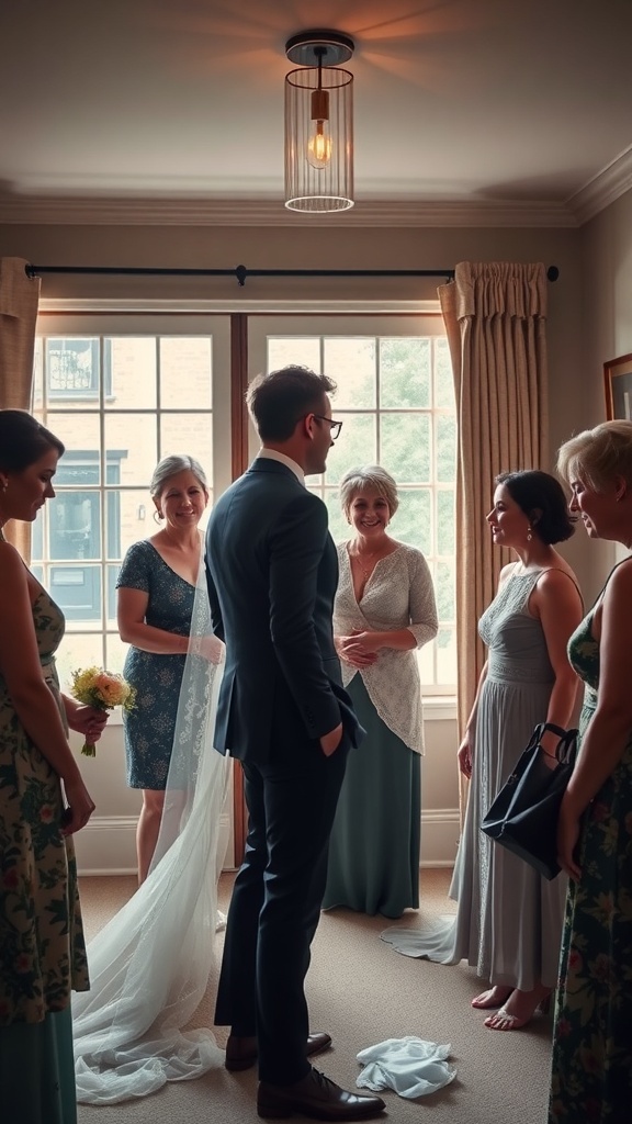 A bride surrounded by friends and family in a room, preparing for her microwedding.