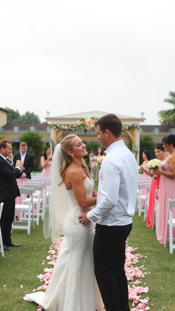 A happy couple during their wedding rehearsal standing in front of guests in an outdoor setting.