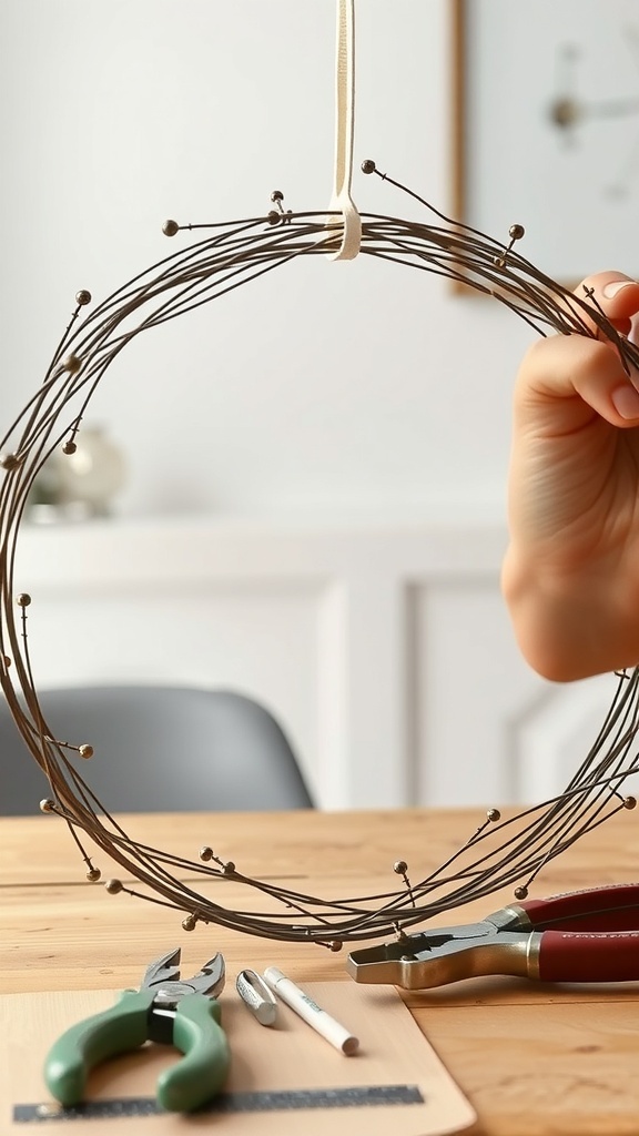 A hand holding a wire wreath frame with tools on a wooden table.